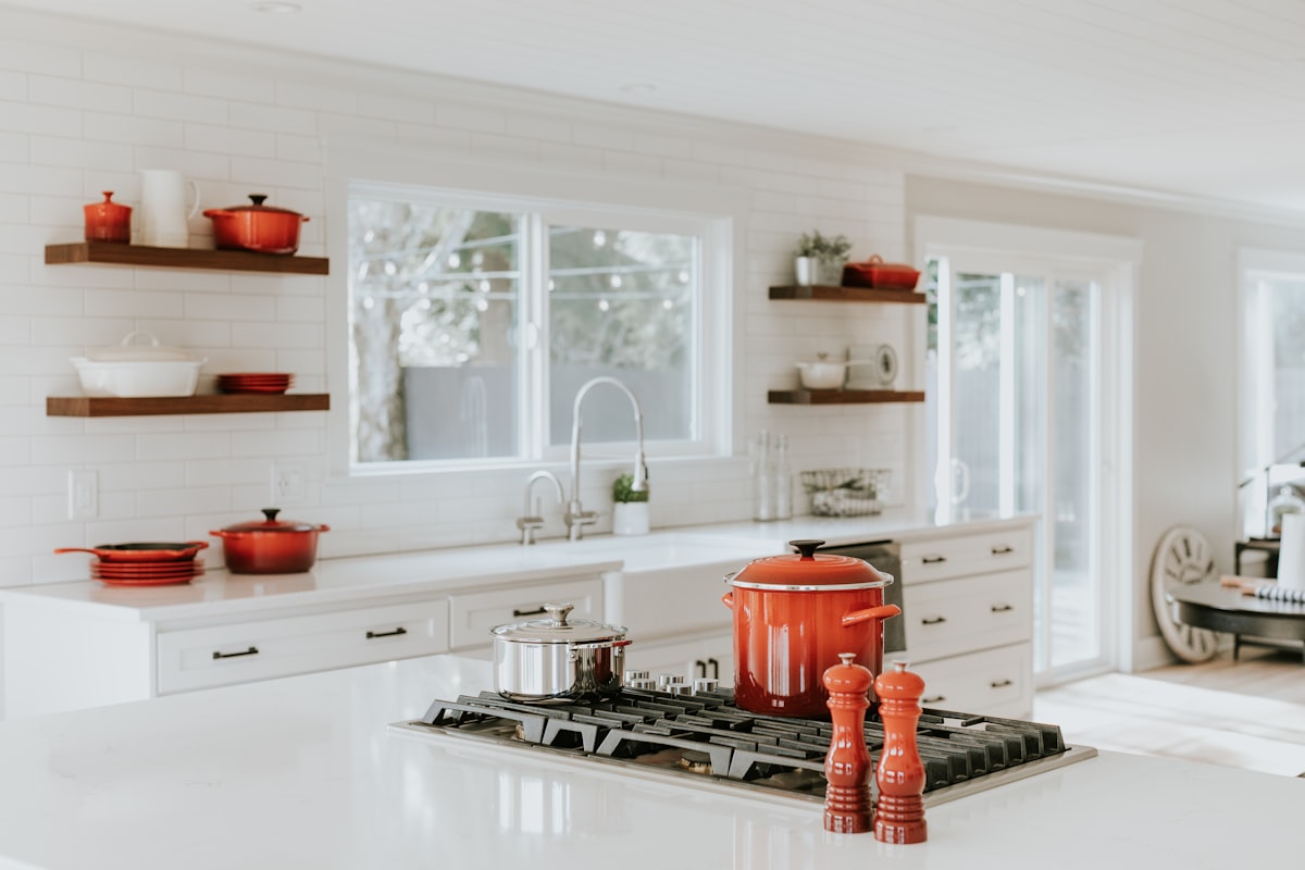 Custom white kitchen with open shelving