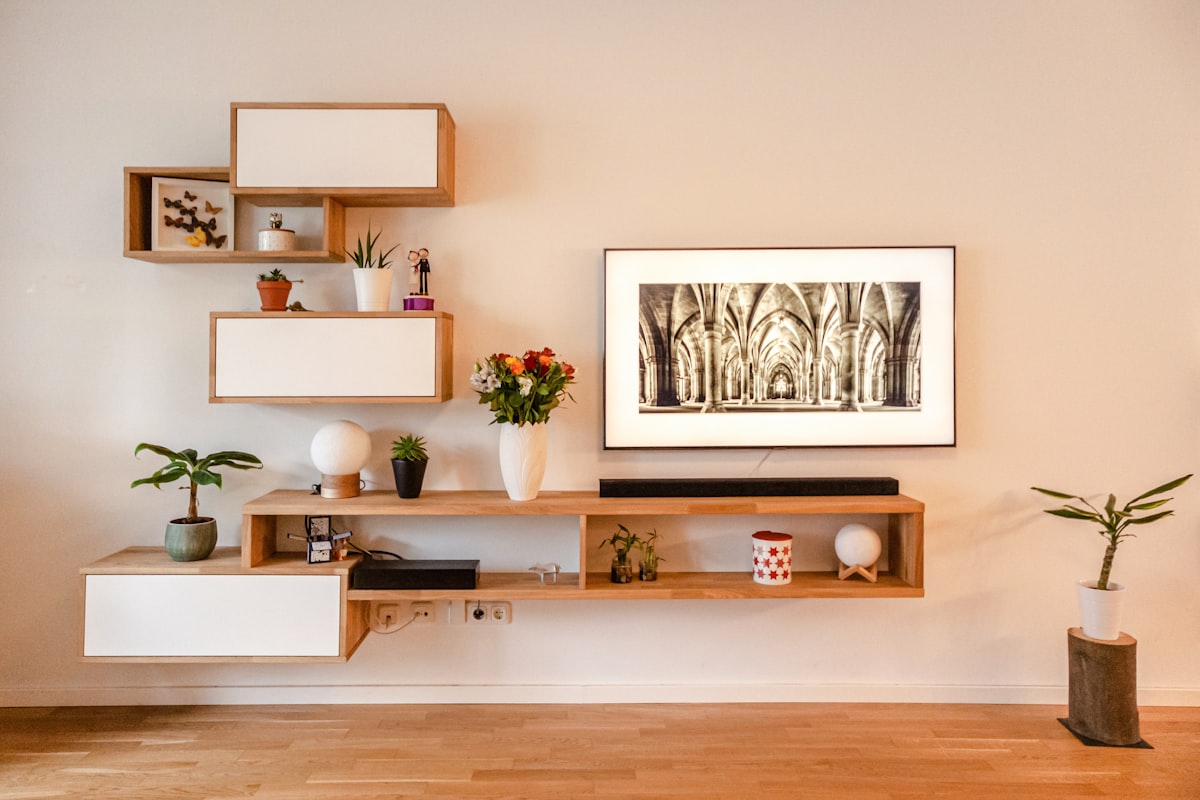 Floating walnut wall shelving